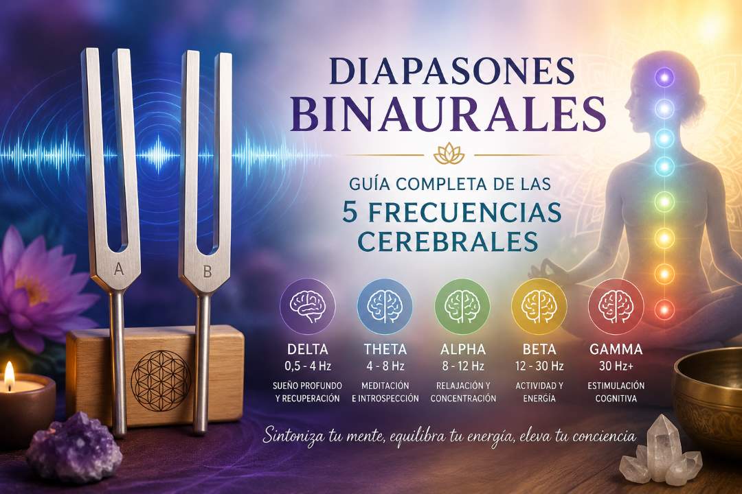 Diapasones binaurales utilizados para estimular las frecuencias cerebrales Delta, Theta, Alpha, Beta y Gamma durante una sesión de sonoterapia.